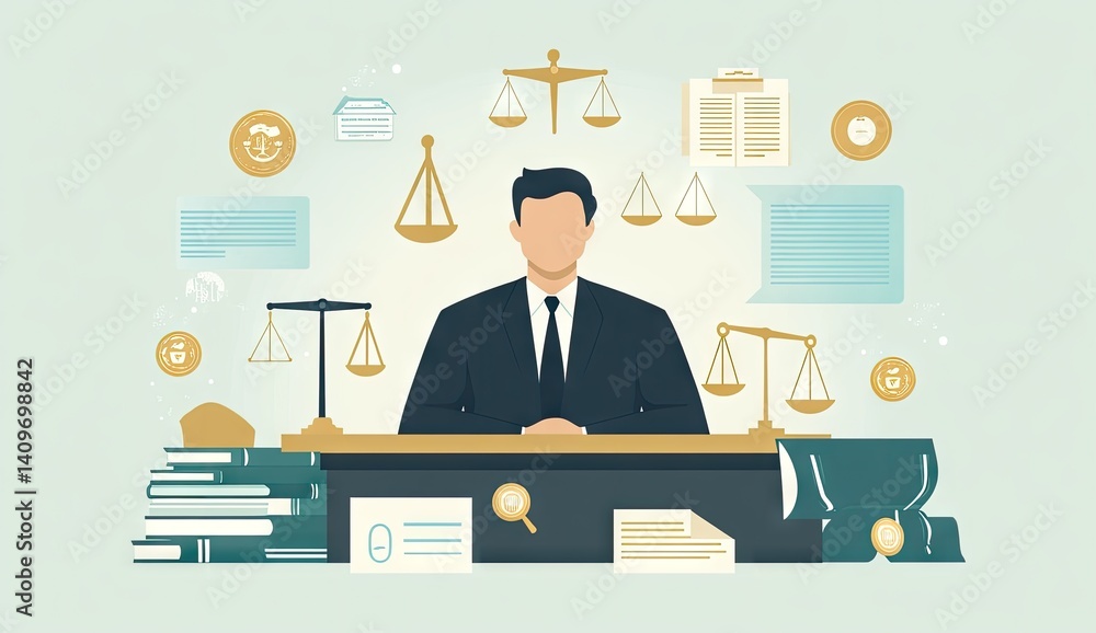 Legal professional at a desk, surrounded by law-related symbols Legal professional at a desk, surrounded by law-related symbols