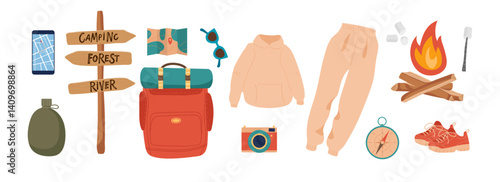 Camping and hiking kit set, hand-drawn elements. Summer vacation Travel Equipment, clothing, backpack, navigation instruments, fire, road pointer Flat vector illustration for nikes, tourism, vacation.