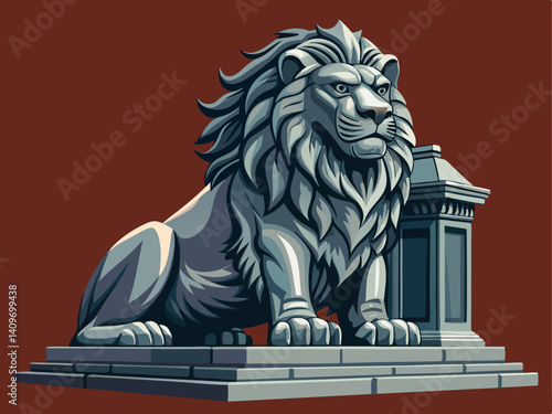 A majestic vector of a lion statue guarding a gate, placed on a solid granite gray background