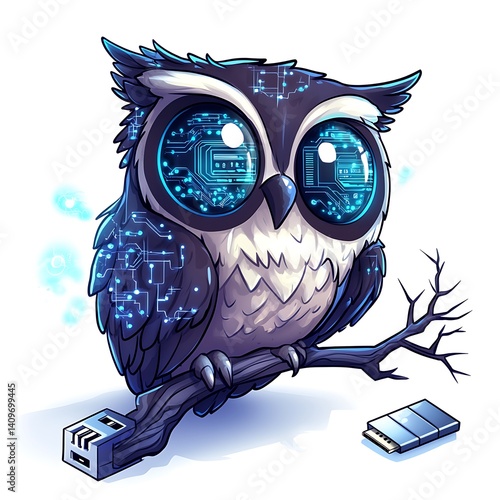 Cybernetic Owl Perched on Digital Branch Presenting USB Drive Data Transfer Concept