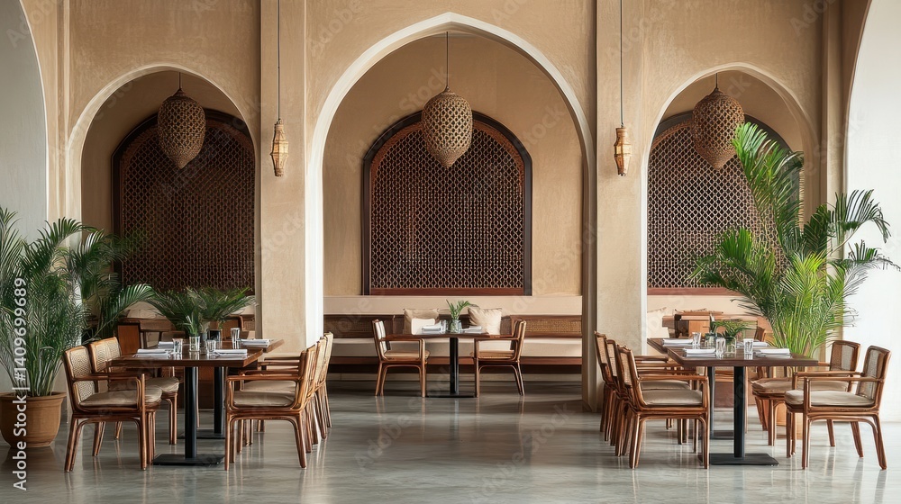 Fototapeta premium Elegant restaurant interior, arched design, Middle Eastern style, peaceful atmosphere, hospitality