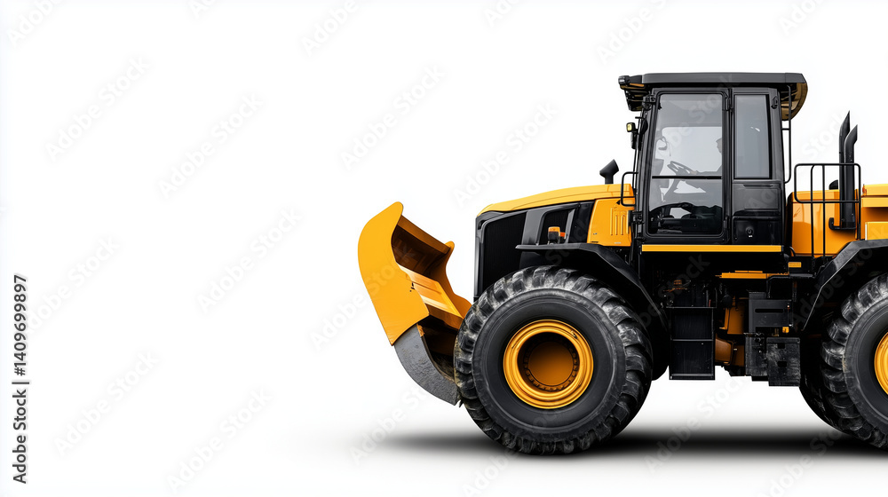 Side view of rugged yellow front loader isolated on white, showing thick tires, steel chassis, and articulated joints. Heavy-duty equipment for earthmoving and site preparation Side view of rugged yellow front loader isolated on white, showing thick tires, steel chassis, and articulated joints. Heavy-duty equipment for earthmoving and site preparation