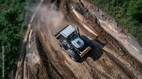 Top-down view of front loader, showing driver cabin, bucket, and heavy treads. Construction equipment designed for maximum terrain control