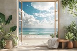 Serene beach view from open window with lush indoor plants