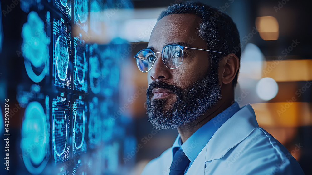 Futuristic doctor collaborates with AI system for diagnosis in advanced healthcare setting