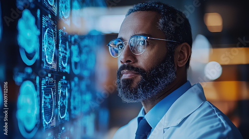 Obraz na płótnie Futuristic doctor collaborates with AI system for diagnosis in advanced healthcare setting w salonie