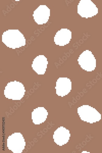 Seamless chocolate background with white polka dots of irregular shape, for design, mosaic, kaleidoscope, embroidery and knitting, pixel graphics.