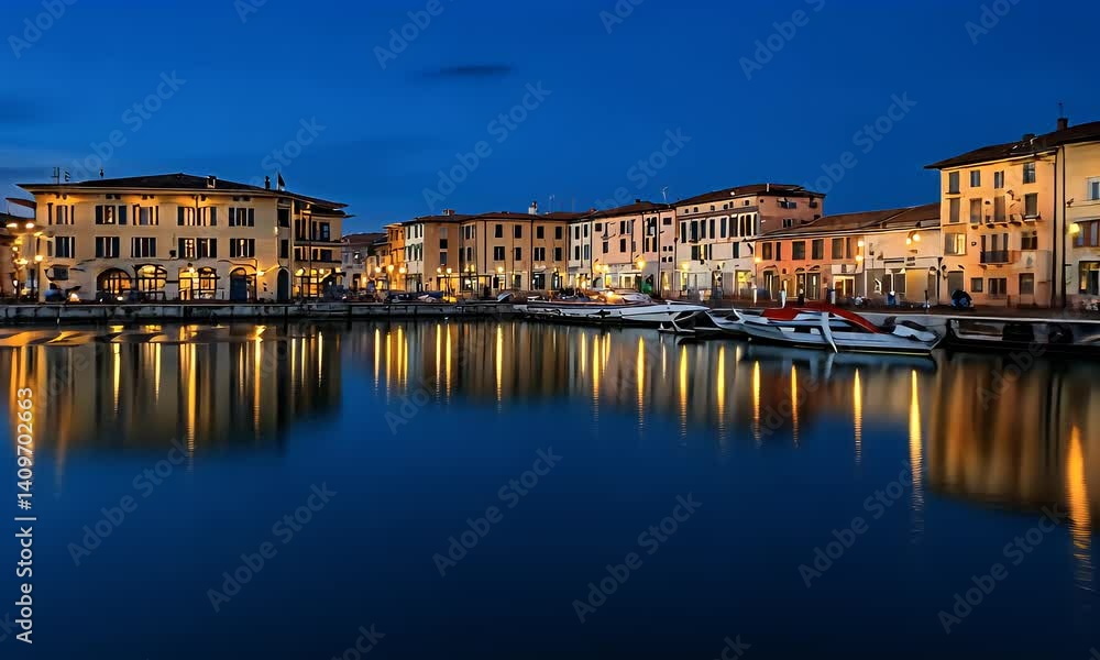 Italian city view at twilight. Water reflects building lights creating calm atmosphere. Boats sit quietly in dock Italian city view at twilight. Water reflects building lights creating calm atmosphere. Boats sit quietly in dock