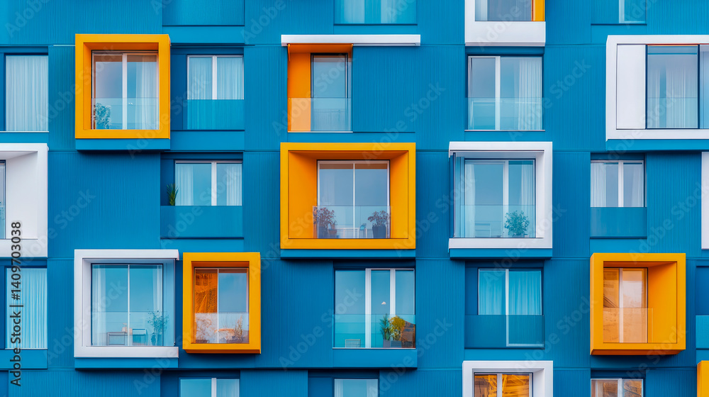 Geometric Facade: A playful arrangement of windows in blue, white, and gold, creating a modern apartment complex concept.