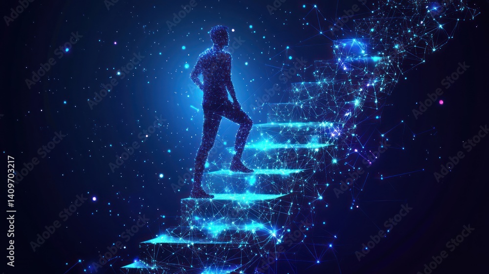 Naklejka premium Person ascending digital stairway, nebula background, progress concept