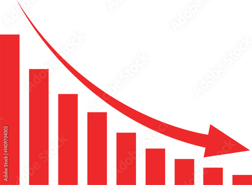 Red bar graph showing downward trend, economic decline concept, financial loss indicator, market recession graphic