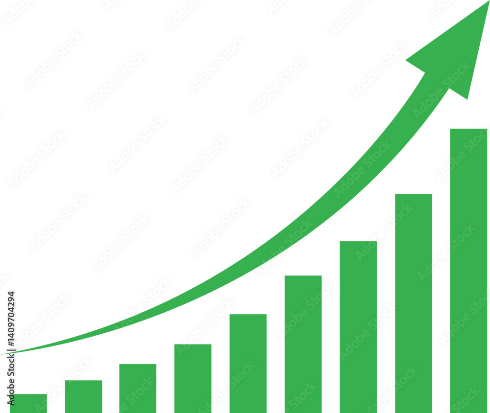 Green bar graph showing upward trend, financial growth concept, success analytics, economic progress indicator Green bar graph showing upward trend, financial growth concept, success analytics, economic progress indicator