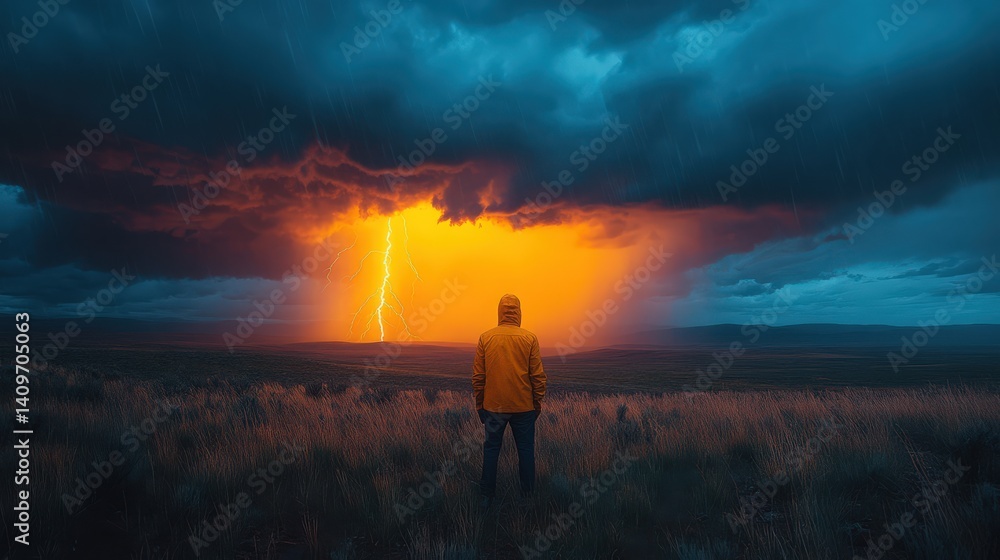 Fototapeta premium Awe-Inspiring landscape with a solitary figure facing a massive lightning storm
