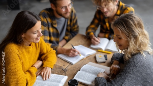Four college students studying around a wooden table, sharing books, and working together
