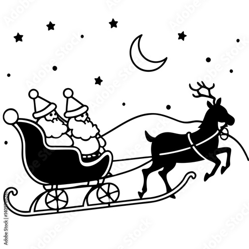 Create an image of a silhouette of Santa Claus riding his sleigh through the night sky