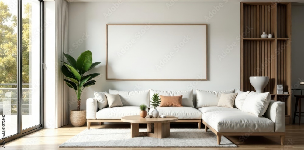 Fototapeta premium Modern home interior with empty frame display , home decor inspiration, minimalist decor