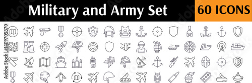 Collection of Army Related Line Icons. Military and Defense Outline Signs for Graphic and Web Design, Apps, Adverts, Various Cards