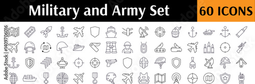 Pack of Army Related Line Icons. Military and Defense Outline Signs for Graphic and Web Design, Apps, Adverts, Various Cards