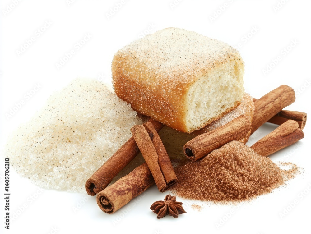 A delicious sweet roll arrangement with sugar and cinnamon, isolated white. A delicious sweet roll arrangement with sugar and cinnamon, isolated white.