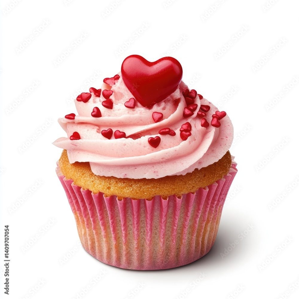 Pink cupcake with red heart sprinkles and frosting Pink cupcake with red heart sprinkles and frosting
