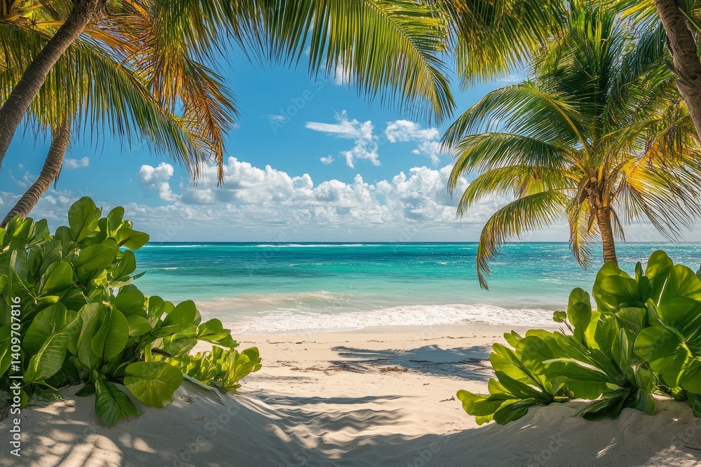 Fototapeta premium Tropical beach paradise with palm trees and pristine sand under a clear blue sky