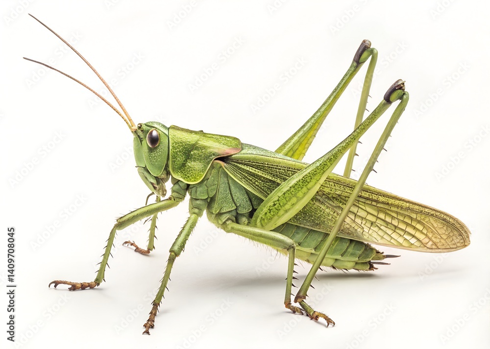 Green Grasshopper with Antennae Isolated on White Background Green Grasshopper with Antennae Isolated on White Background