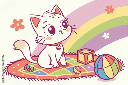 A cute cartoon kitty delivers a fish gift to a happy mouse, a funny birthday card illustration.