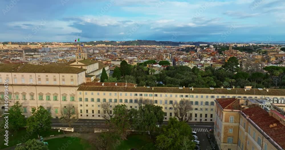Aerial view rooftops of the city of Rome, Italy. Establishing shot of the capital's skyline. Drone flying over rooftop gardens and old buildings in historic urban borough. Beautiful views of Rome Aerial view rooftops of the city of Rome, Italy. Establishing shot of the capital's skyline. Drone flying over rooftop gardens and old buildings in historic urban borough. Beautiful views of Rome