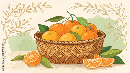 Mandarin vector design, Mandarin with Mandarin slice in basket in natural background vector design