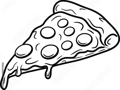 Pizza Slice Line Art, Melty Cheese Vector Illustration for Food Designs.