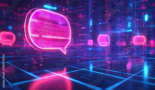 Futuristic communication concept.  A vibrant, glowing speech bubble floats amidst a digital cityscape of binary code