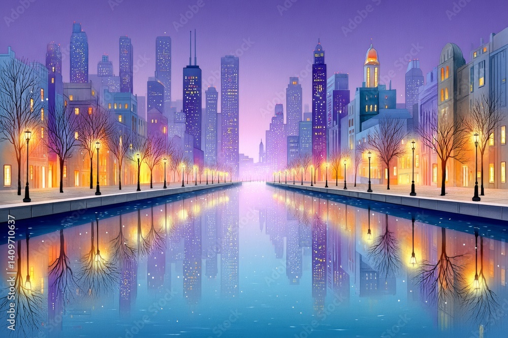 Obraz premium A watercolor evening scene of an urban skyline reflecting on a canal with city lights
