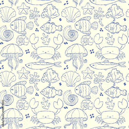 Seamless pattern with hand drawn doodles of marine animals and plants