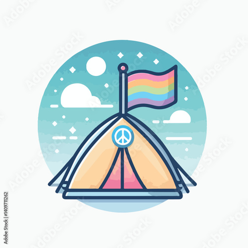 a set of vector images of refugee tents and peace flags above them