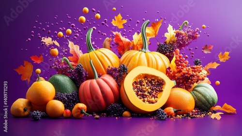 Autumn harvest pumpkins, berries, leaves, purple background, fall food