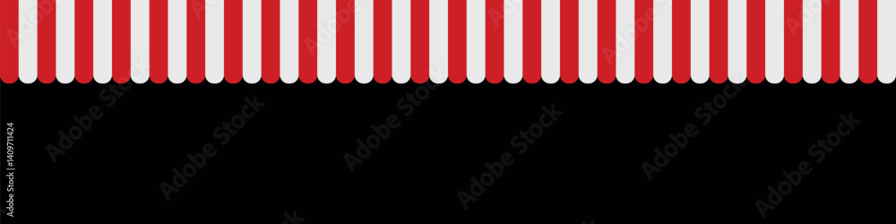 Red and white striped awning scallop border frame. Flat vector illustration isolated on black background. Red and white striped awning scallop border frame. Flat vector illustration isolated on black background.