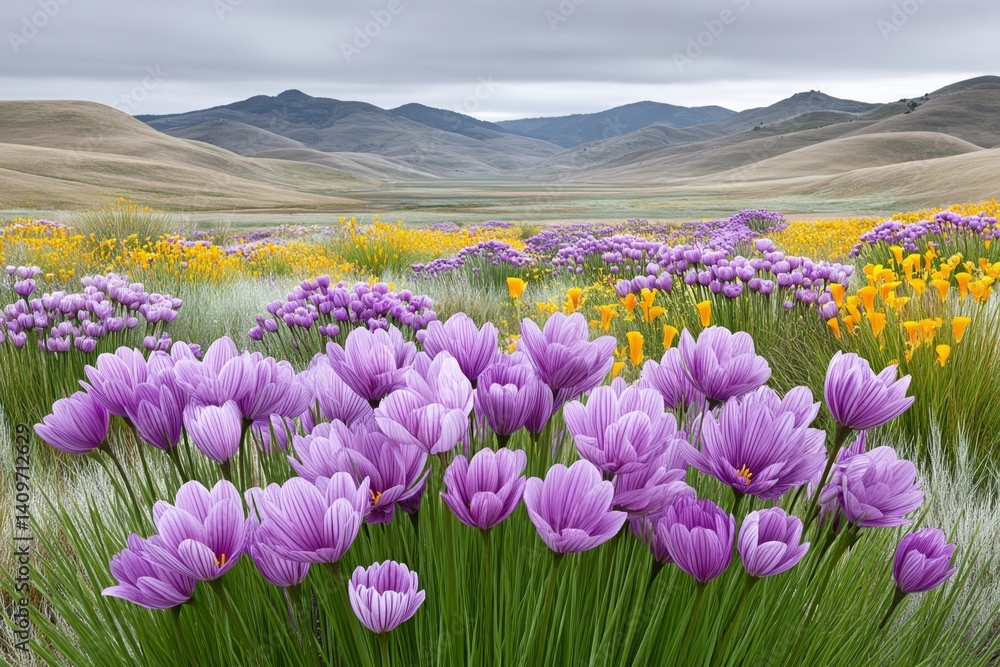 Obraz premium Fields of purple and yellow wildflowers in early spring