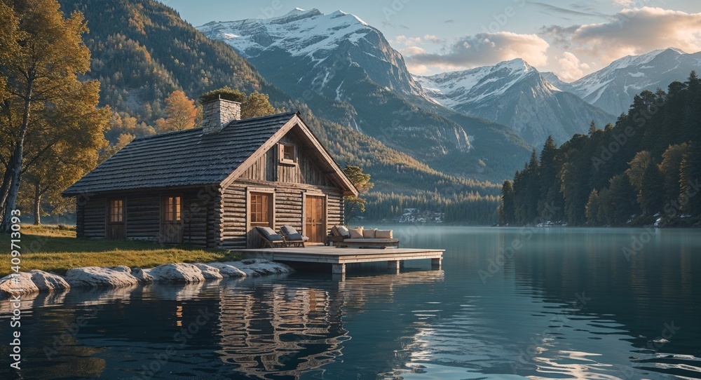 Fototapeta premium cozy wooden cottage by peaceful lake cinematic view background 