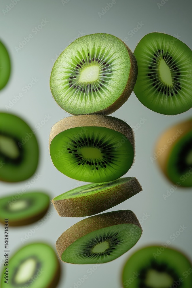 Fresh sliced kiwi fruit floating in air on minimal green background
