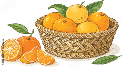 Mandarin vector design, Mandarin with Mandarin Slice in wicker basket in white background vector design
