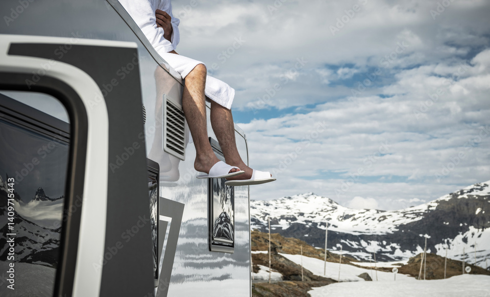 Relaxing on Top of a Camper in the Snowy Mountains