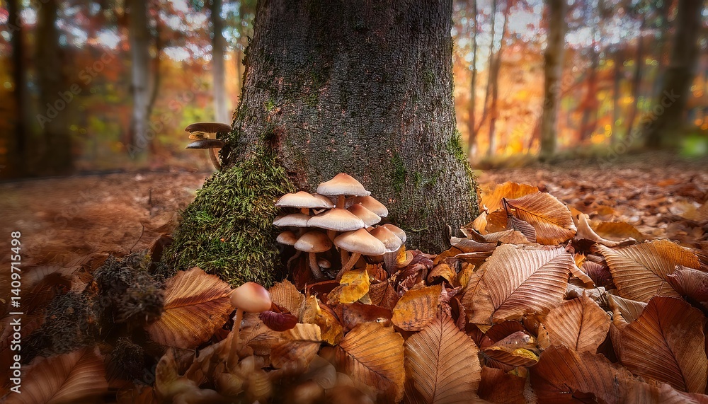 Obraz premium Mushrooms growing at the base of a tree in autumn forest