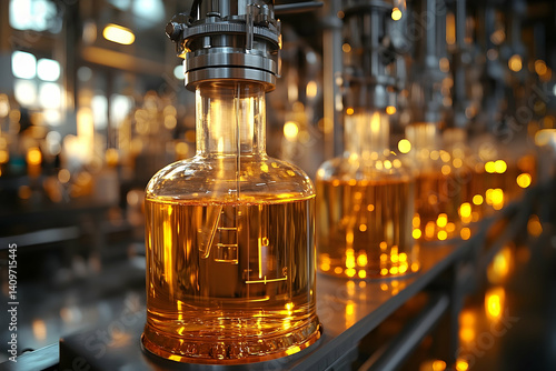 Bottling amber liquid on factory line