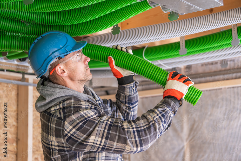 Worker Installs Green Tubing in Construction Site Ceiling Area