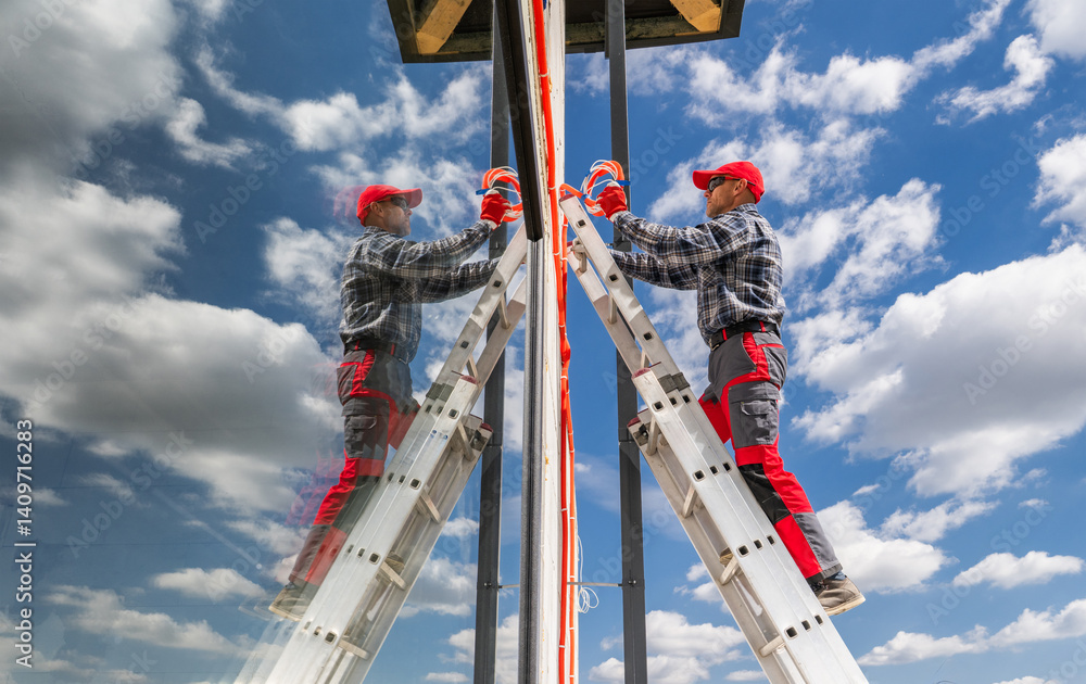 Worker Climbing Ladder for Maintenance on a Clear Day