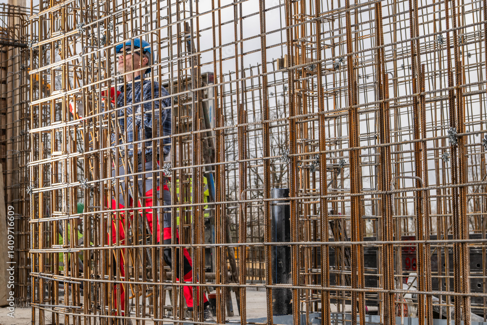 Construction Worker Engaged in Rebar Installation at Building Site
