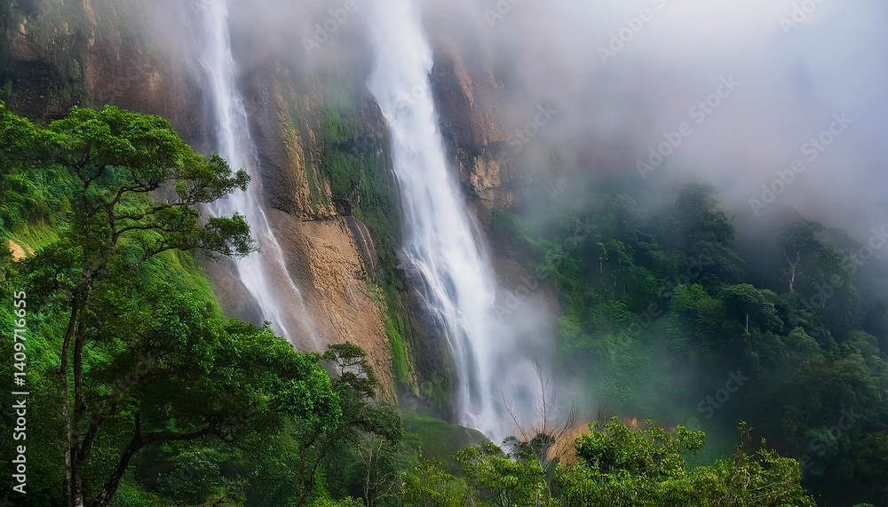 Majestic waterfall cascading down lush green mountainside in tropical rainforest Majestic waterfall cascading down lush green mountainside in tropical rainforest