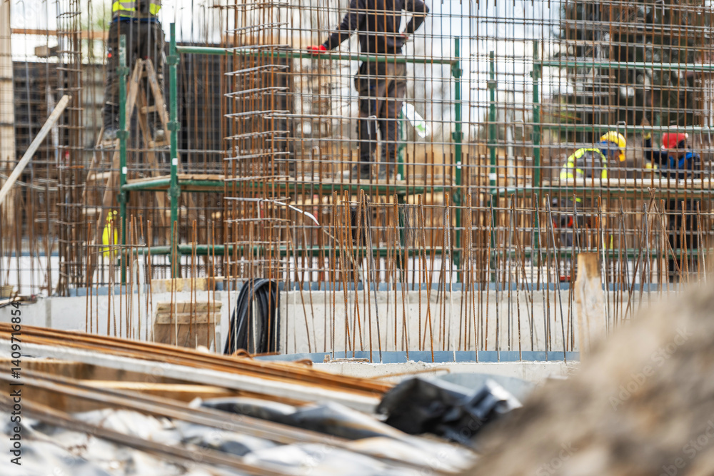 Construction Site Showing Workers Building a Concrete Structure
