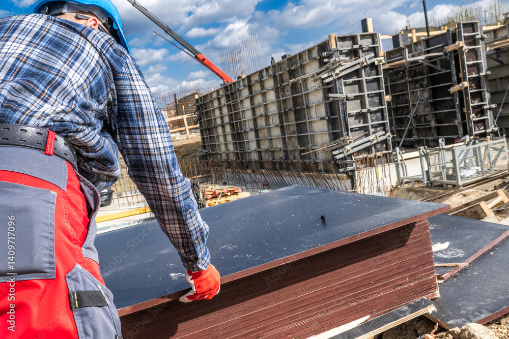 Naklejka premium Construction Worker Handling Materials at a Building Site in Spring