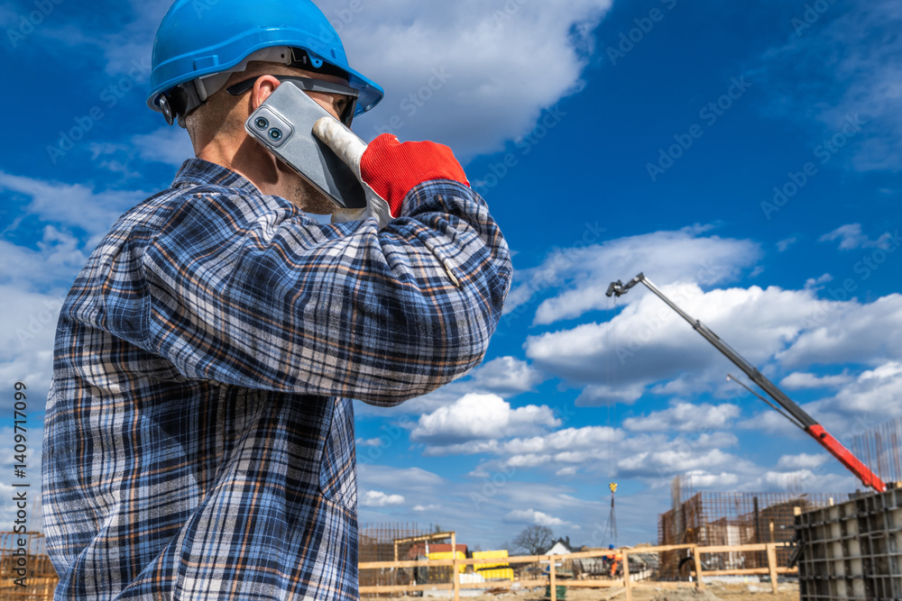 Construction Worker on Site Making a Phone Call Under Blue Sky